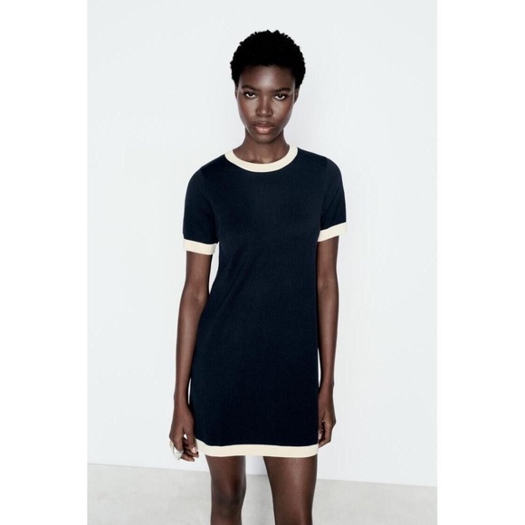 ZARA WOMENS SHORT PLAIN KNIT DRESS IN NAVY/ECRU-SIZE SMALL - Picture 1 of 10